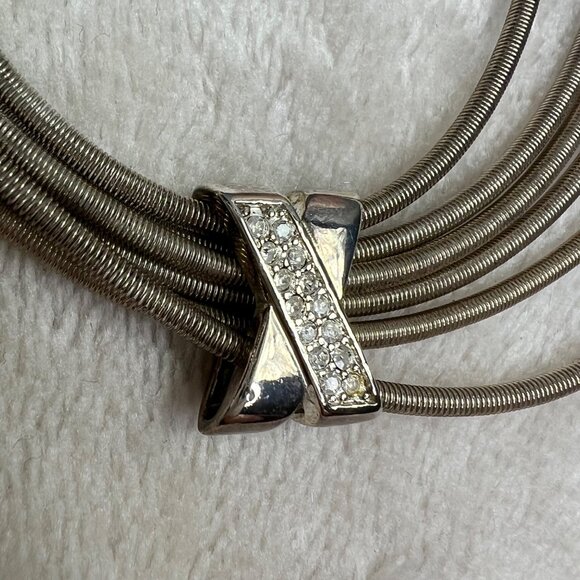 Stretchy Multi Strand Wire Necklace Silver Tone Rhinestones Sliding Pendant - Picture 5 of 8